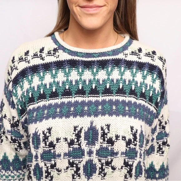 Vintage Blue and Green Fair Isle Crew Neck Knit Sweater - Picture 3 of 5